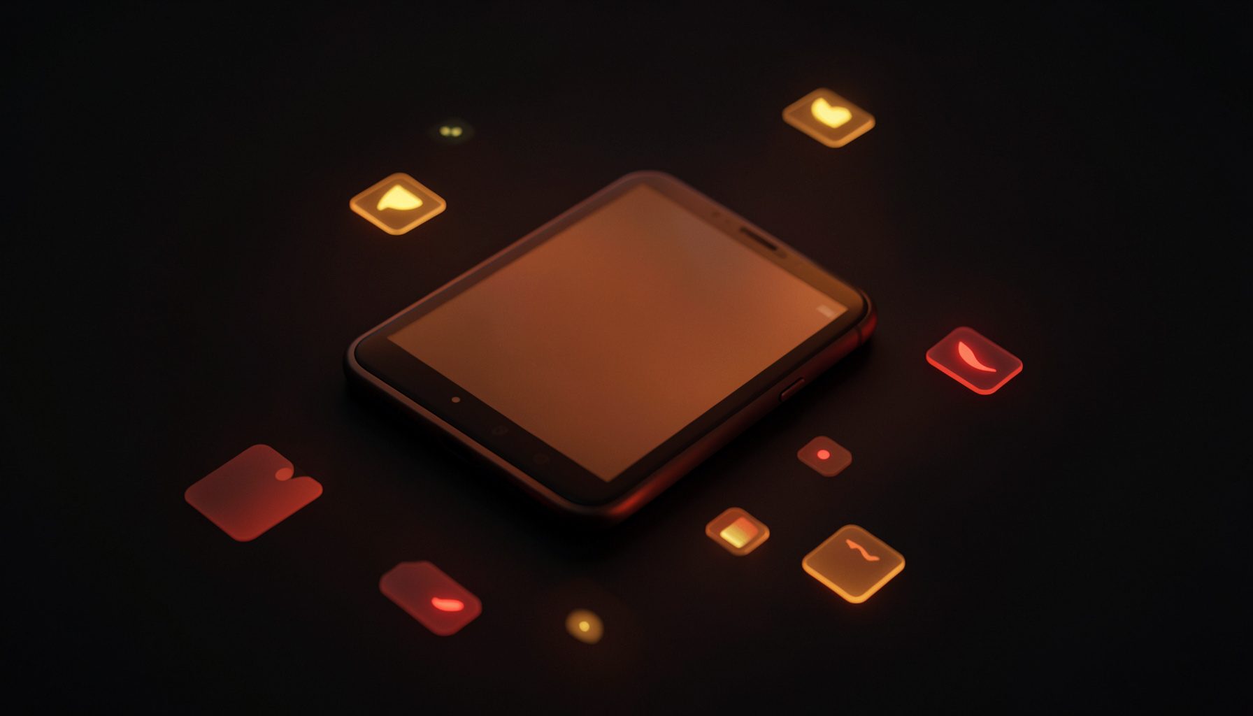 A dimly lit isometric 3D scene of a smartphone floating above a dark surface, glowing app icons in warm amber and soft red tones casting subtle reflections, moody and intimate atmosphere